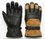 Pair of black leather ski gloves with tan suede accents and an adjustable buckle wrist strap on a white background.