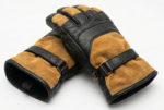 Pair of black leather ski gloves with tan suede accents and an adjustable buckle wrist strap on a white background.