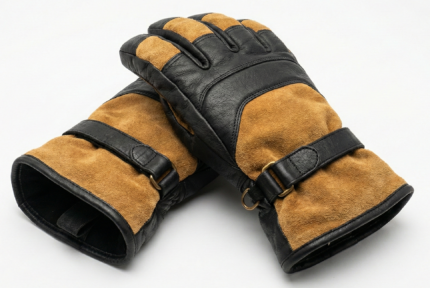Pair of black leather ski gloves with tan suede accents and an adjustable buckle wrist strap on a white background.