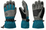 Pair of teal and grey ski gloves with leather knuckle patches and adjustable draw cord cuffs.