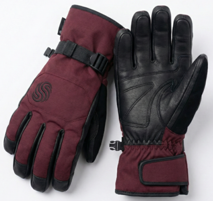 Pair of maroon and black ski gloves with leather palm and adjustable webbing wrist strap.