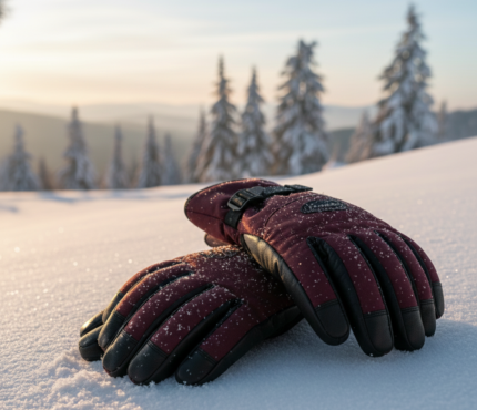 Pair of maroon and black ski gloves with leather palm and adjustable webbing wrist strap.