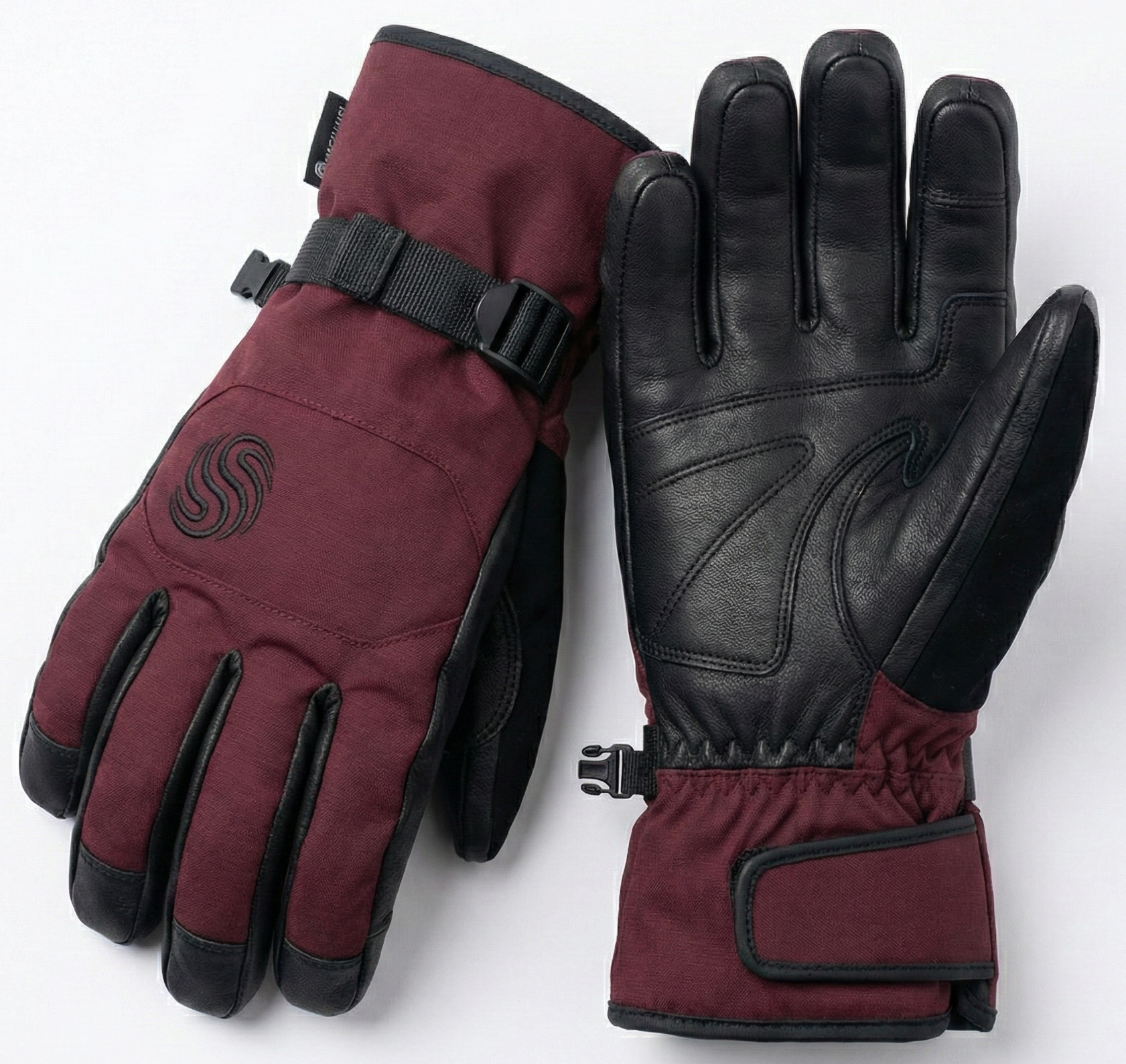 apex-pro-maroon-leather-snowboard-gloves-with-dual-lock-system Pair of maroon and black ski gloves with leather palm and adjustable webbing wrist strap.