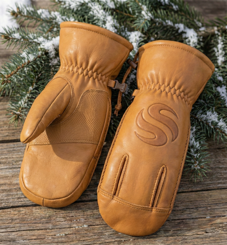 Tan leather winter mittens with reinforced palm grip and pine background
