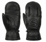 Black leather winter mittens with reinforced palm grip and pine background
