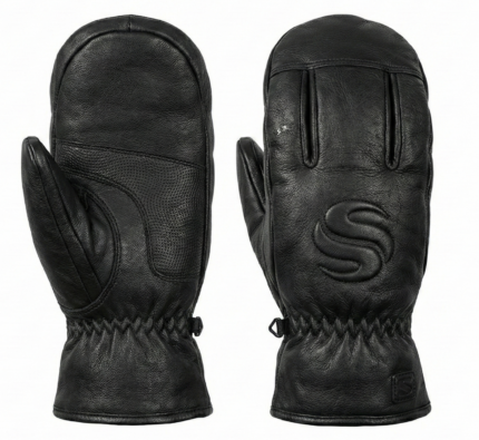 Black leather winter mittens with reinforced palm grip and pine background