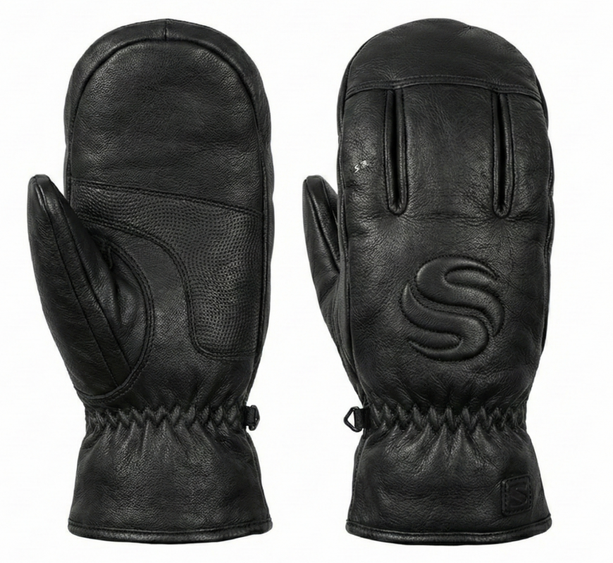 Black leather winter mittens with reinforced palm grip and pine background
