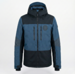 Blue and black men's ski suit set showing a hooded jacket with chest pockets and matching ski pants with reinforced ankles.