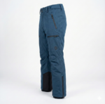 Blue and black men's ski suit set showing a hooded jacket with chest pockets and matching ski pants with reinforced ankles.