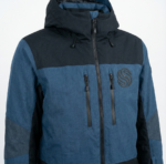 Blue and black men's ski suit set showing a hooded jacket with chest pockets and matching ski pants with reinforced ankles.